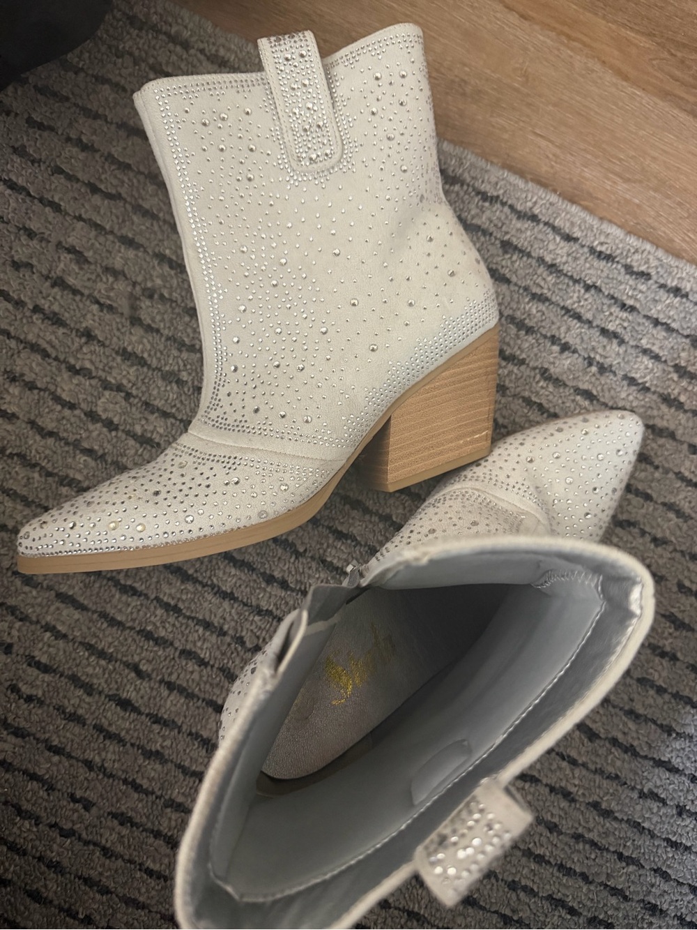 SHEIN White Crystal Embellished Suede Block Heel Ankle Boots